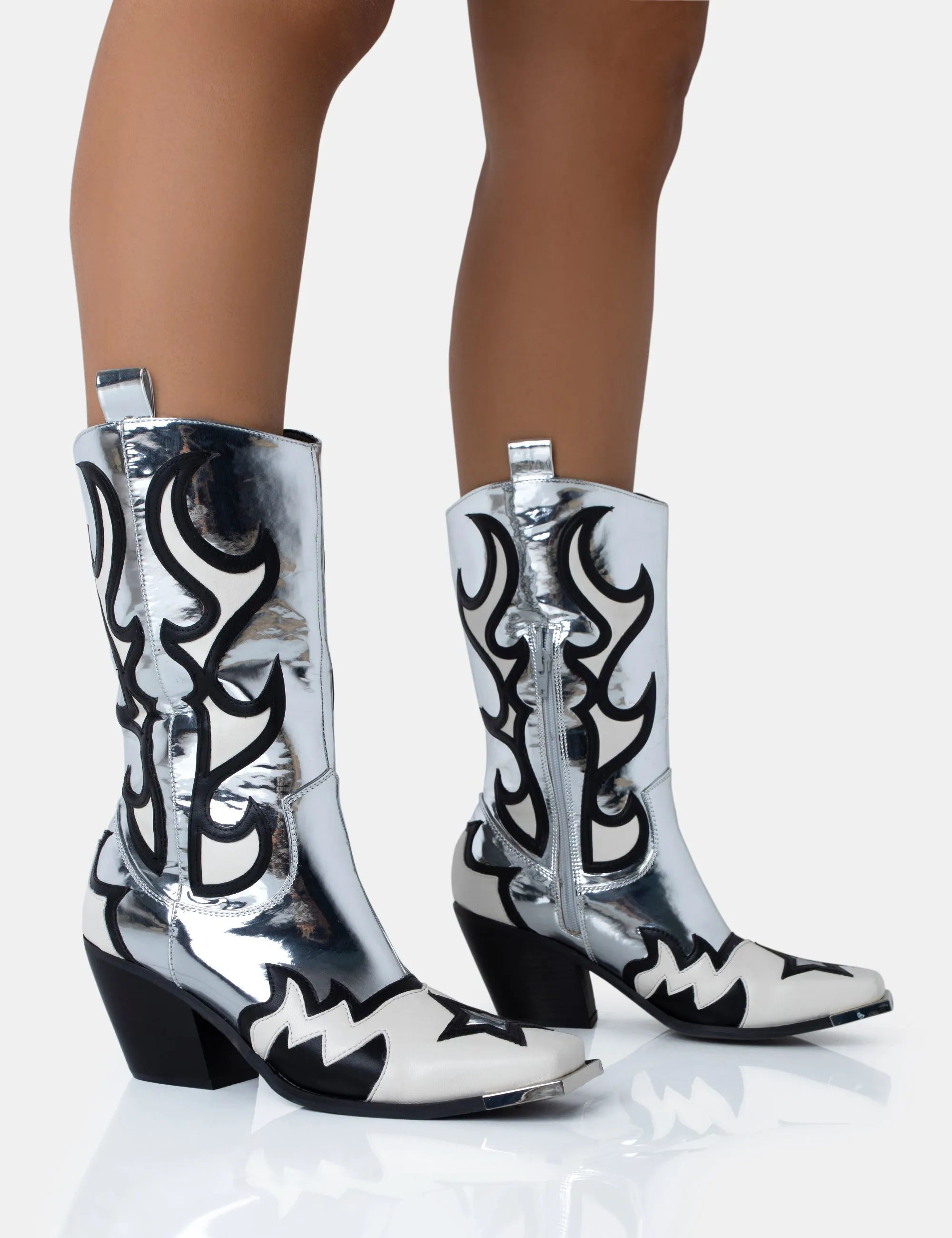 Starrie Silver Mirror Pu Metal Square Toe Heeled Cowboy Ankle Boot sold by Public Desire