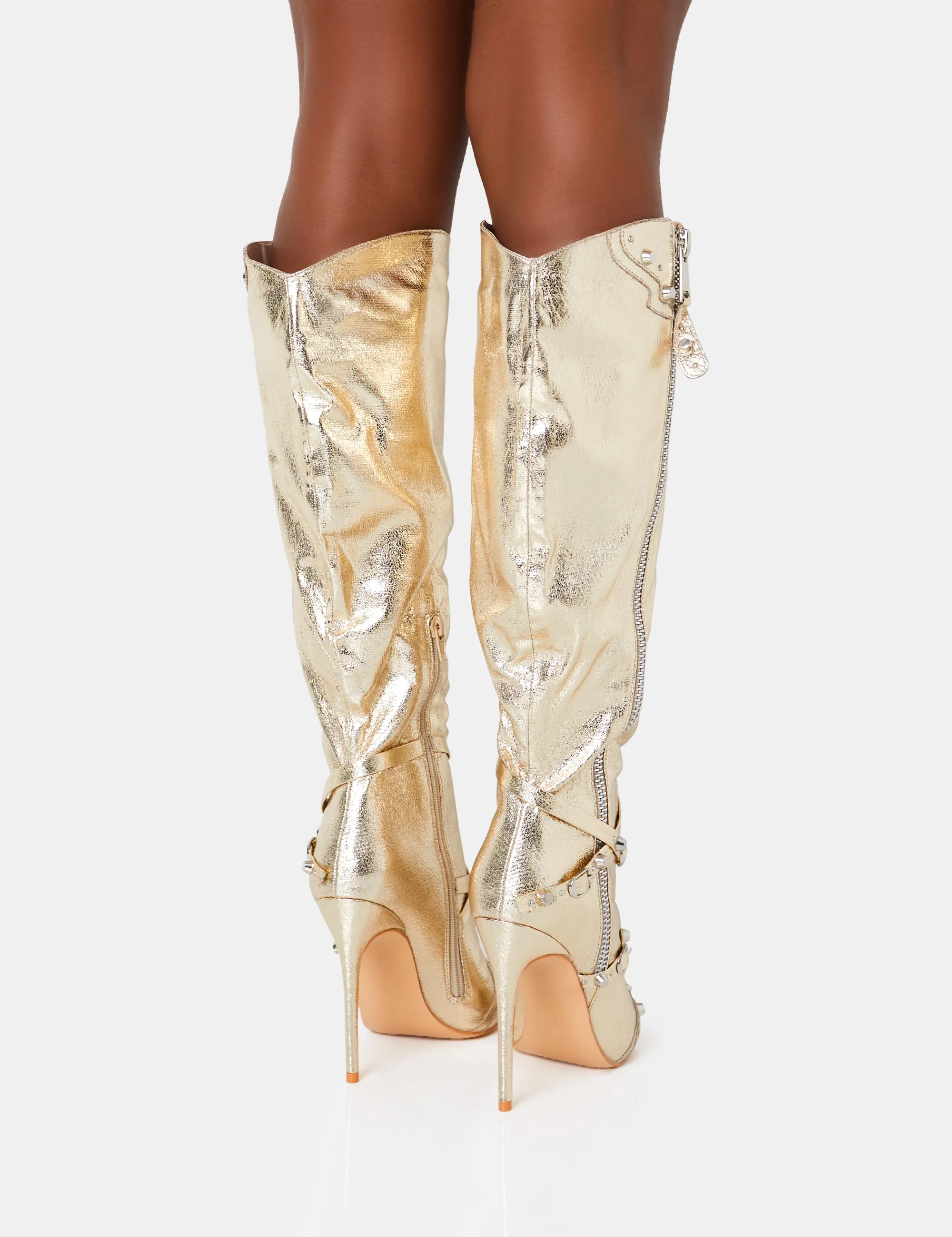 Worthy Metallic Gold Studded Zip Detail Stiletto Knee High Boots sold by Public Desire product image thumbnail 4