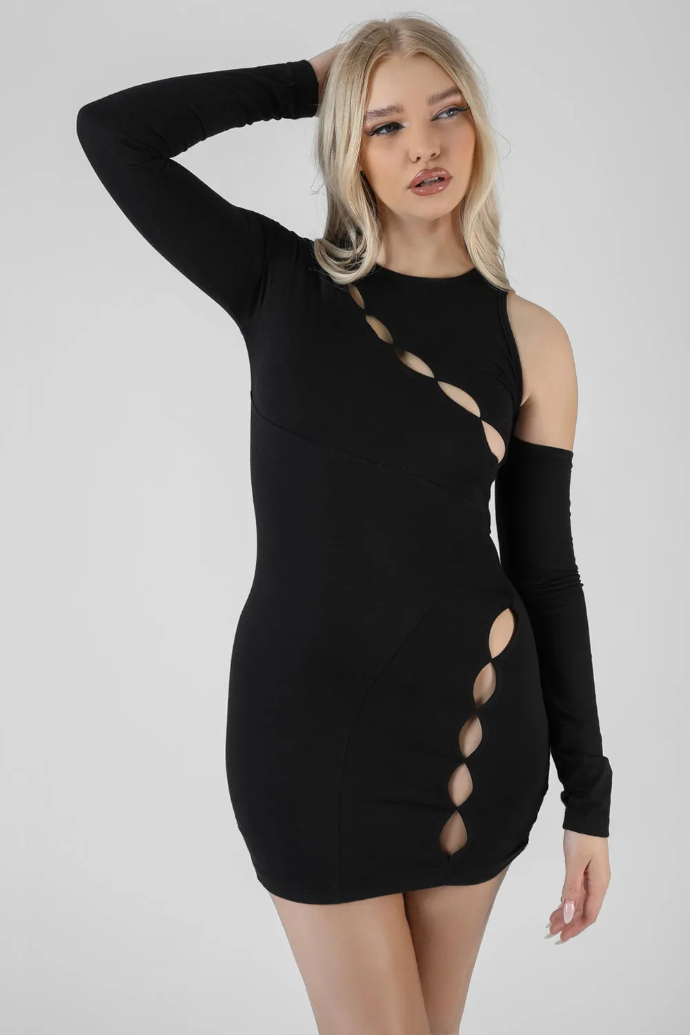 Asymmetric Button Detail Mini Dress Black sold by Public Desire