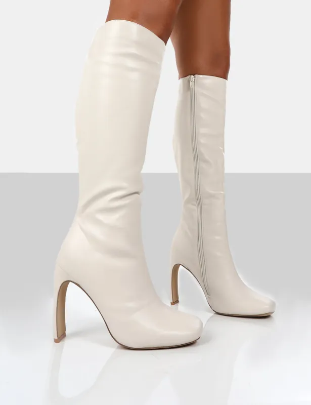 Peppa Ecru Block Heel Knee High Boots sold by Public Desire