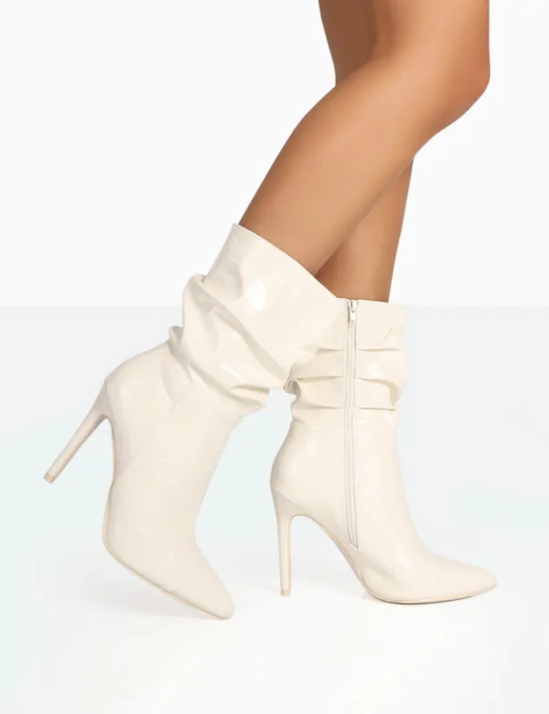 Zurich Ecru Patent Croc Stiletto Ankle Pointed Heeled Boots sold by Public Desire