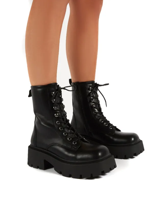 Leader Black Lace Up Chunky Sole Biker Boots sold by Public Desire