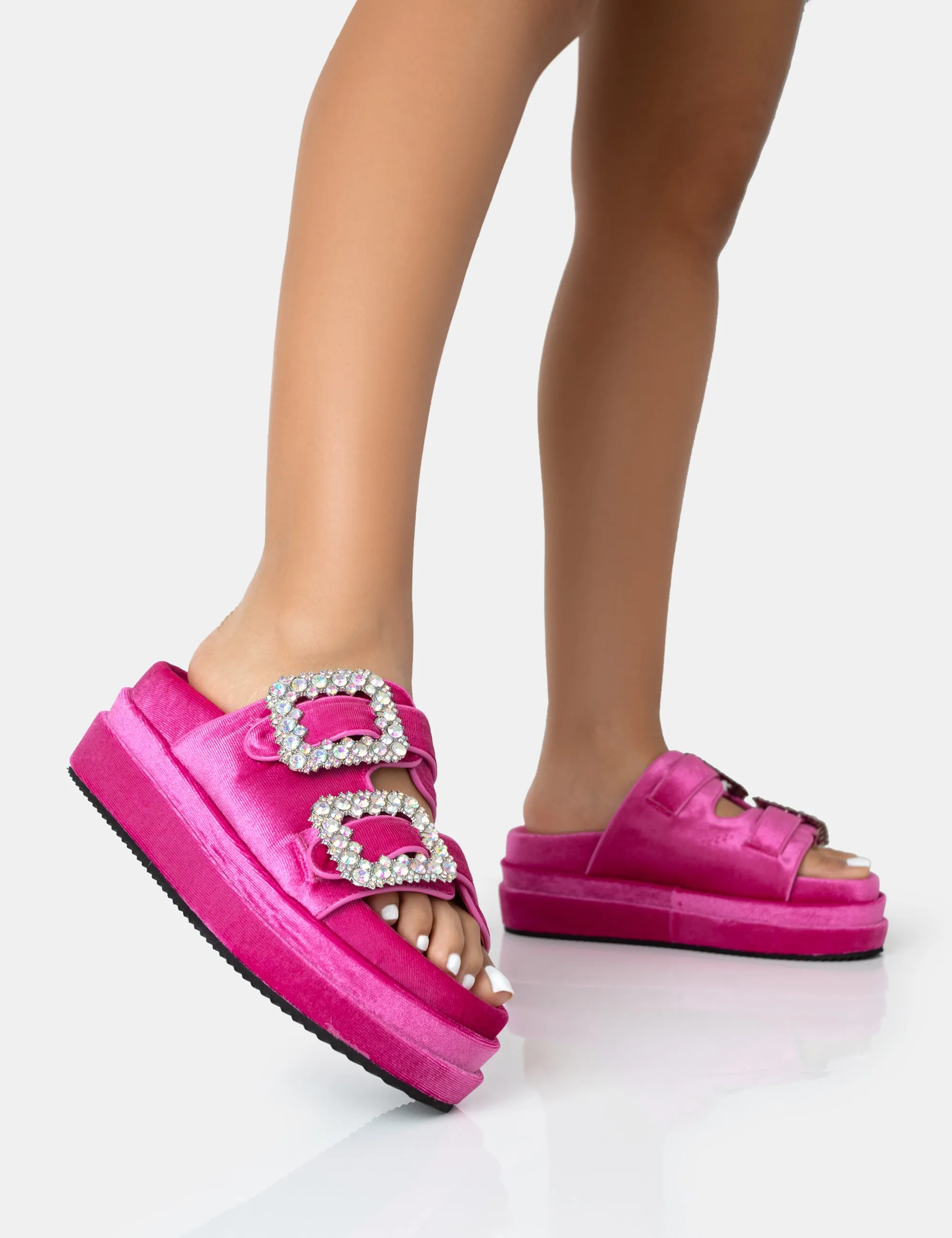 Lozzy Pink Velvet Diamante Buckle Double Strap Platform Slider Sandals sold by Public Desire product image thumbnail 2
