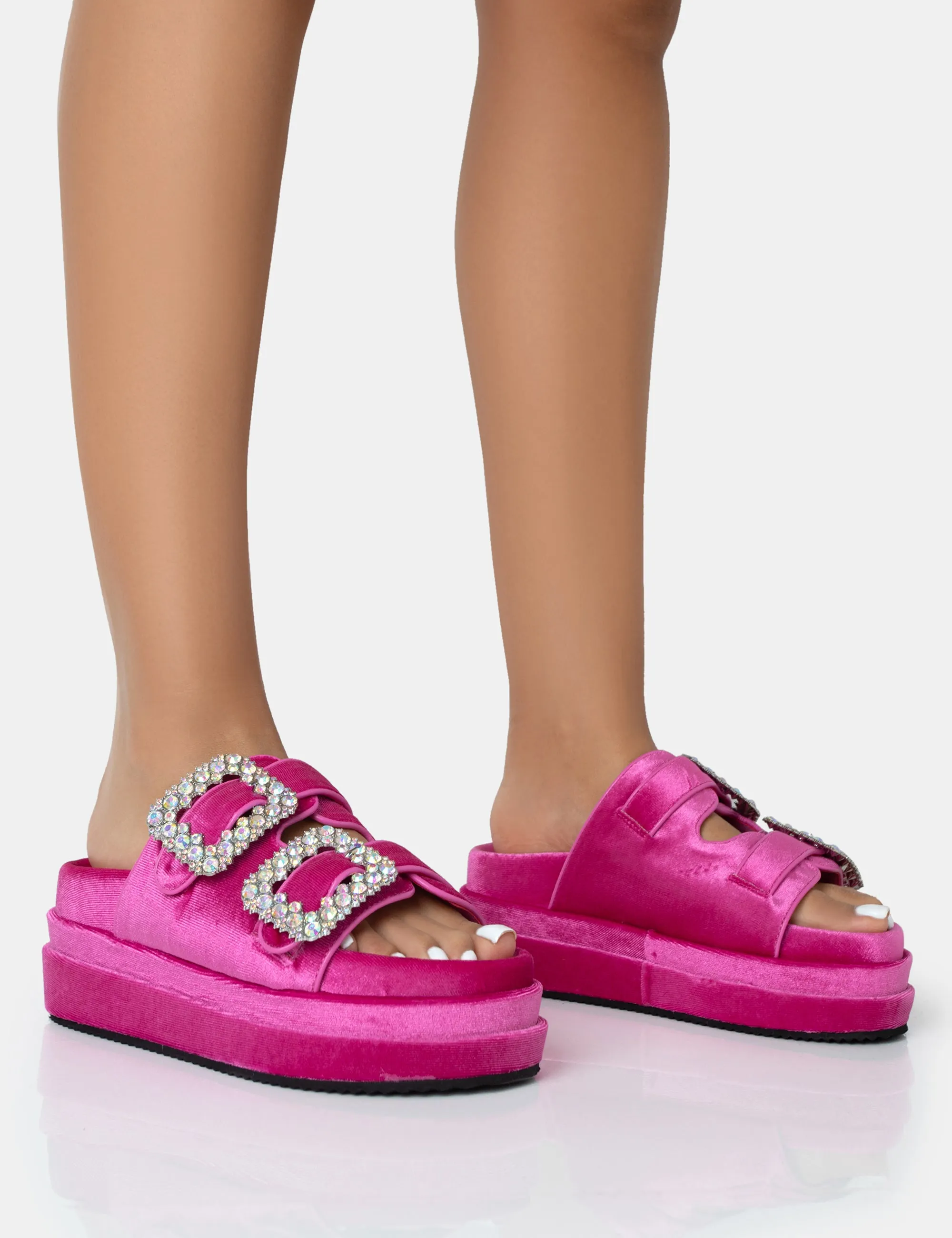 Lozzy Pink Velvet Diamante Buckle Double Strap Platform Slider Sandals sold by Public Desire