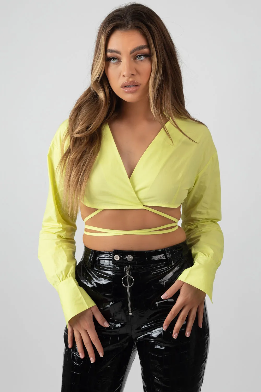 Wrap Poplin Cropped Shirt Lime sold by Public Desire