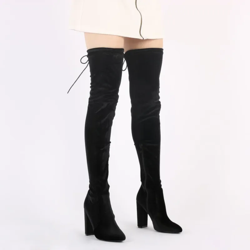Annie Velvet Over The Knee Boots in Black sold by Public Desire