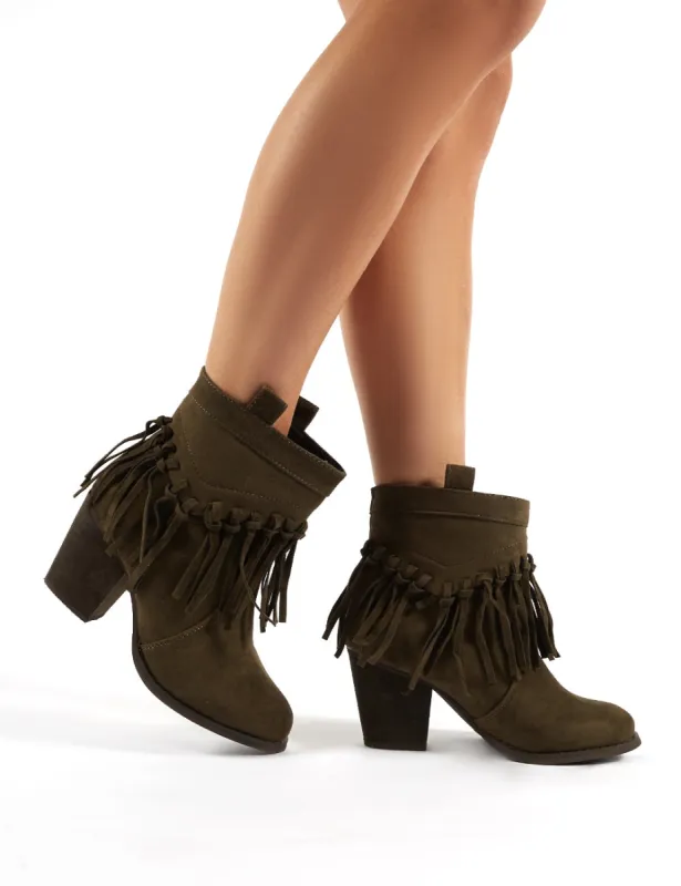 Jossa Khaki Faux Suede Fringed Heeled Western Ankle Boots sold by Public Desire
