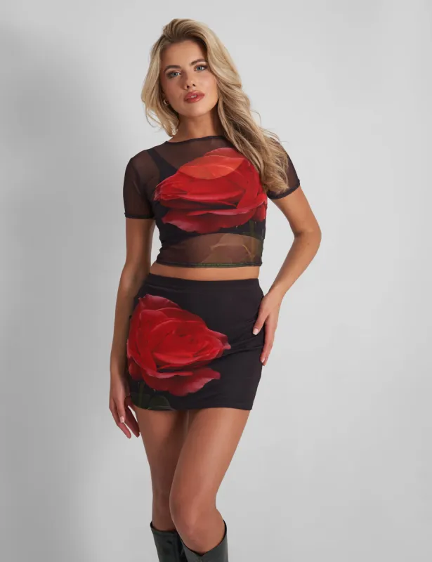 Kaiia Mesh Flower Motif T-shirt Co Ord Black sold by Public Desire