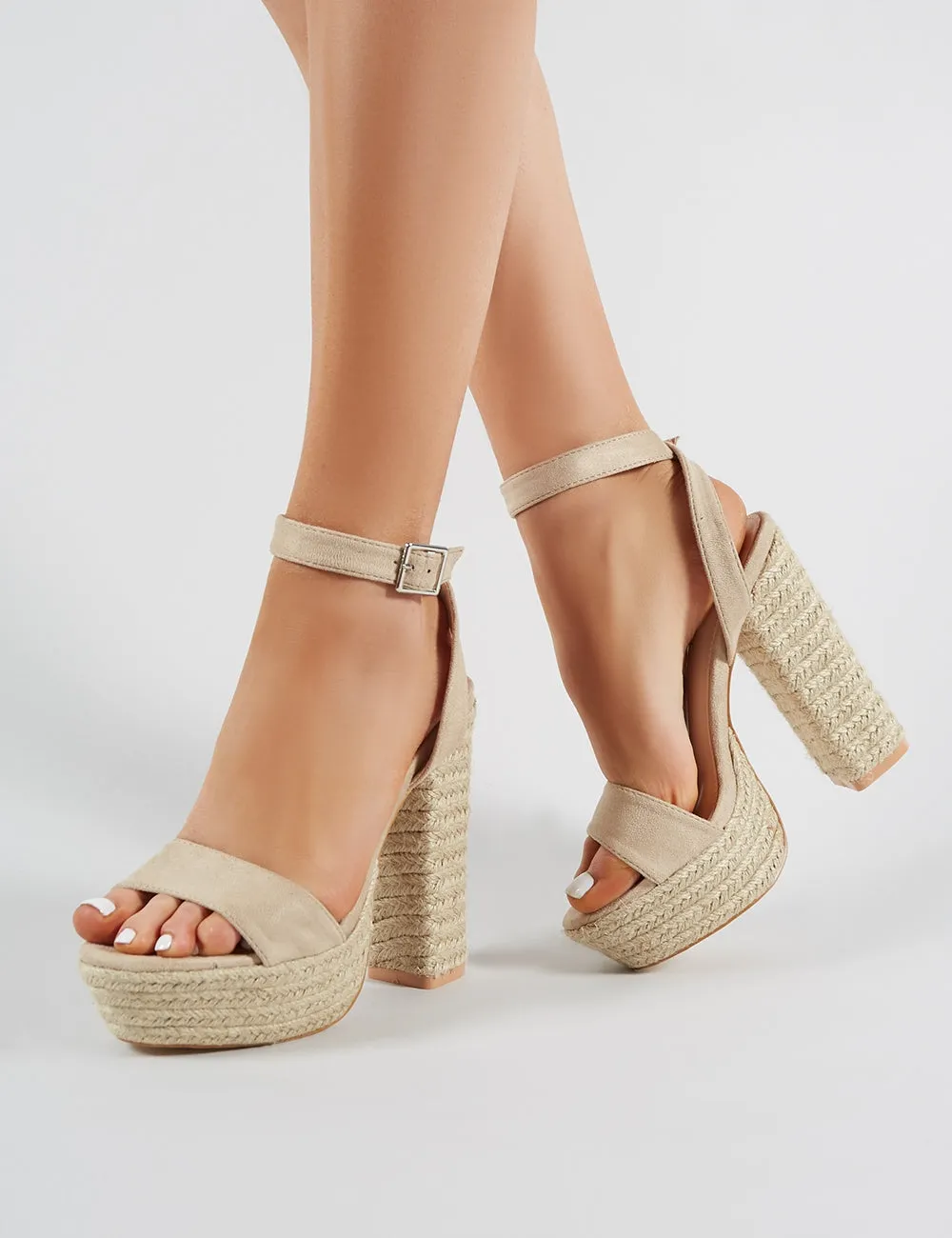 Hanalei Espadrille Block Heels in Nude Faux Suede sold by Public Desire