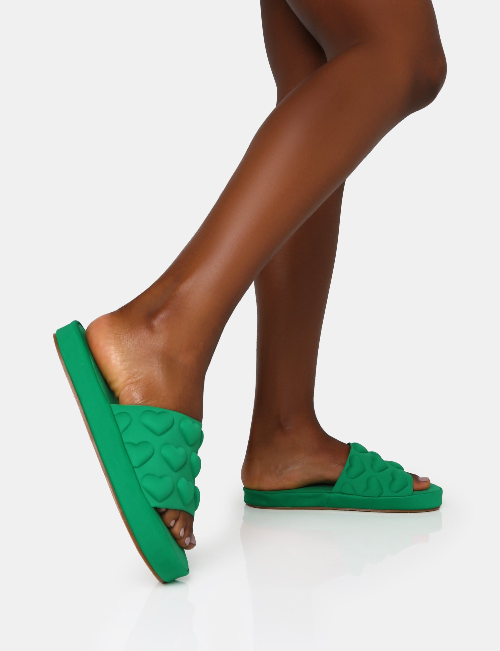 Bestie Green Nylon Embossed Heart Slider Sandals sold by Public Desire