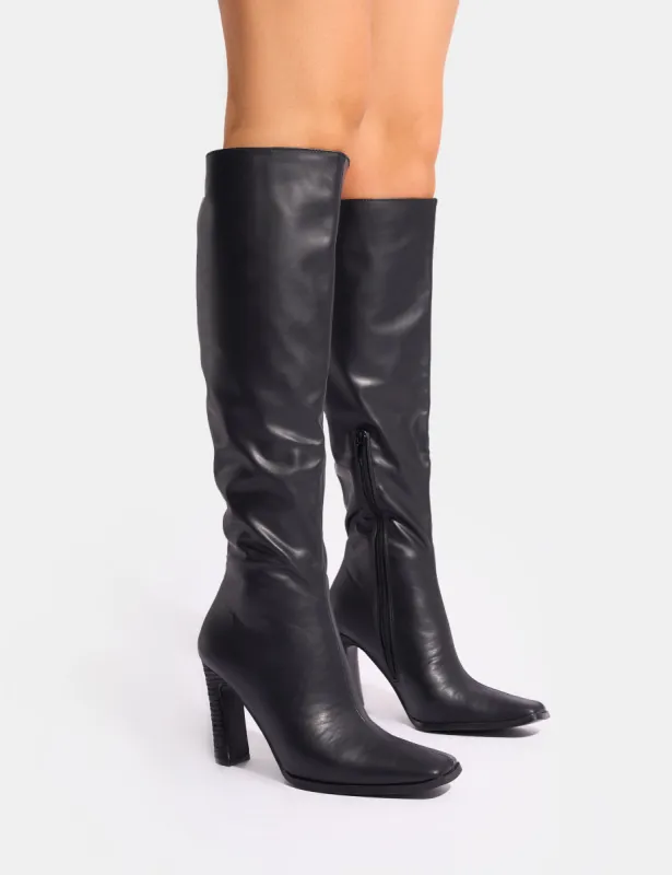 Acquilla Black Knee High Flared Heel Boots sold by Public Desire