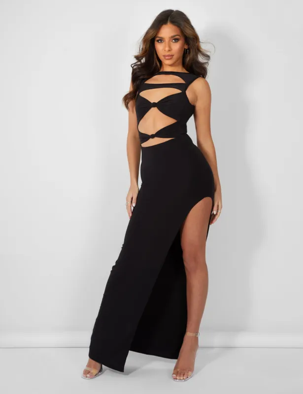 Cut Away Knotted Detail Extreme Spilt Maxi Dress Black sold by Public Desire