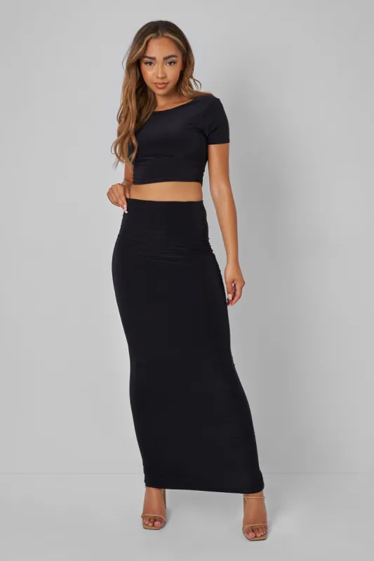 BACK DETAIL SLINKY SHORT SLEEVE TOP BLACK sold by Public Desire