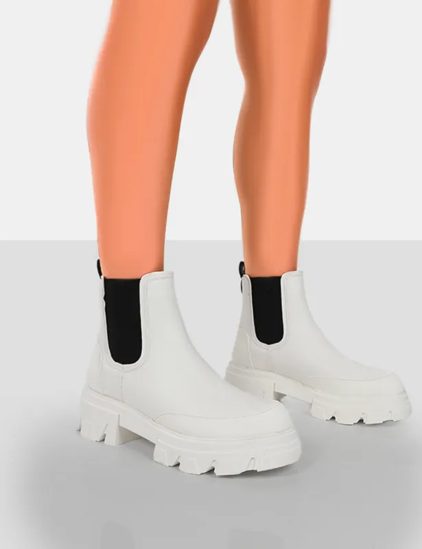 By Midnight White Pu Platform Chunky Sole Chelsea Boots sold by Public Desire