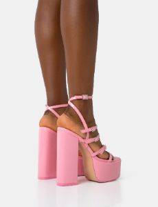 Flawless Baby Pink Patent Buckle Strap Round Toe Platform Block Heels sold by Public Desire
