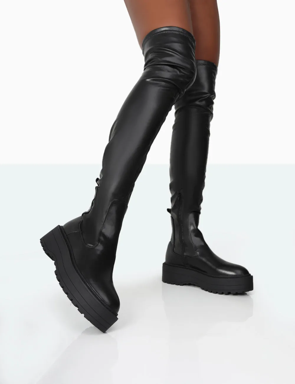 Pheonixe Black Pu Chunky Sole Round Toe Over The Knee Boots sold by Public Desire product image thumbnail 2