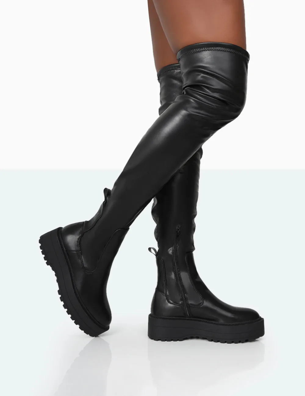 Pheonixe Black Pu Chunky Sole Round Toe Over The Knee Boots sold by Public Desire