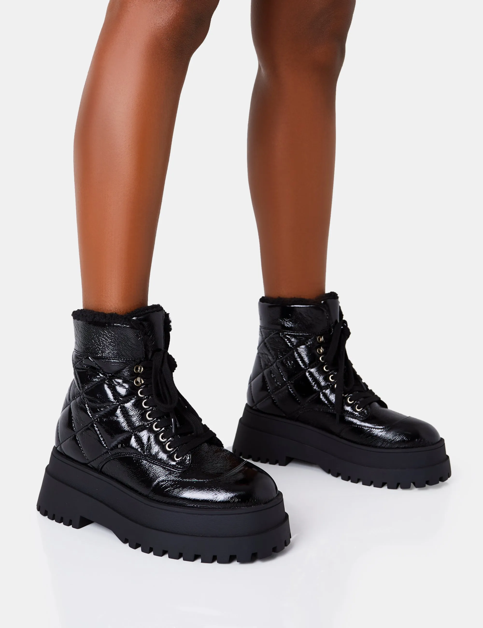 Magda Black Patent Quilted Chunky Sole Rounded Toe Ankle Boots sold by Public Desire