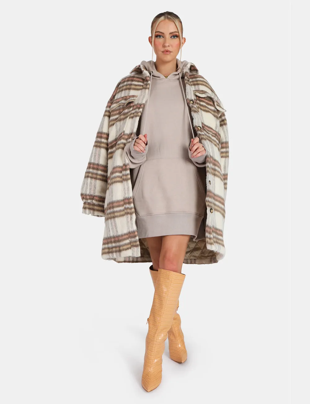 Longline Soft Touch Check Shacket Ecru sold by Public Desire product image thumbnail 3