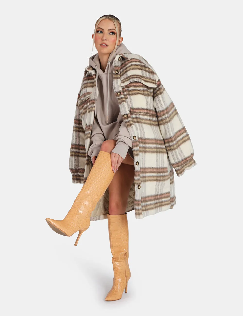 Longline Soft Touch Check Shacket Ecru sold by Public Desire product image thumbnail 2