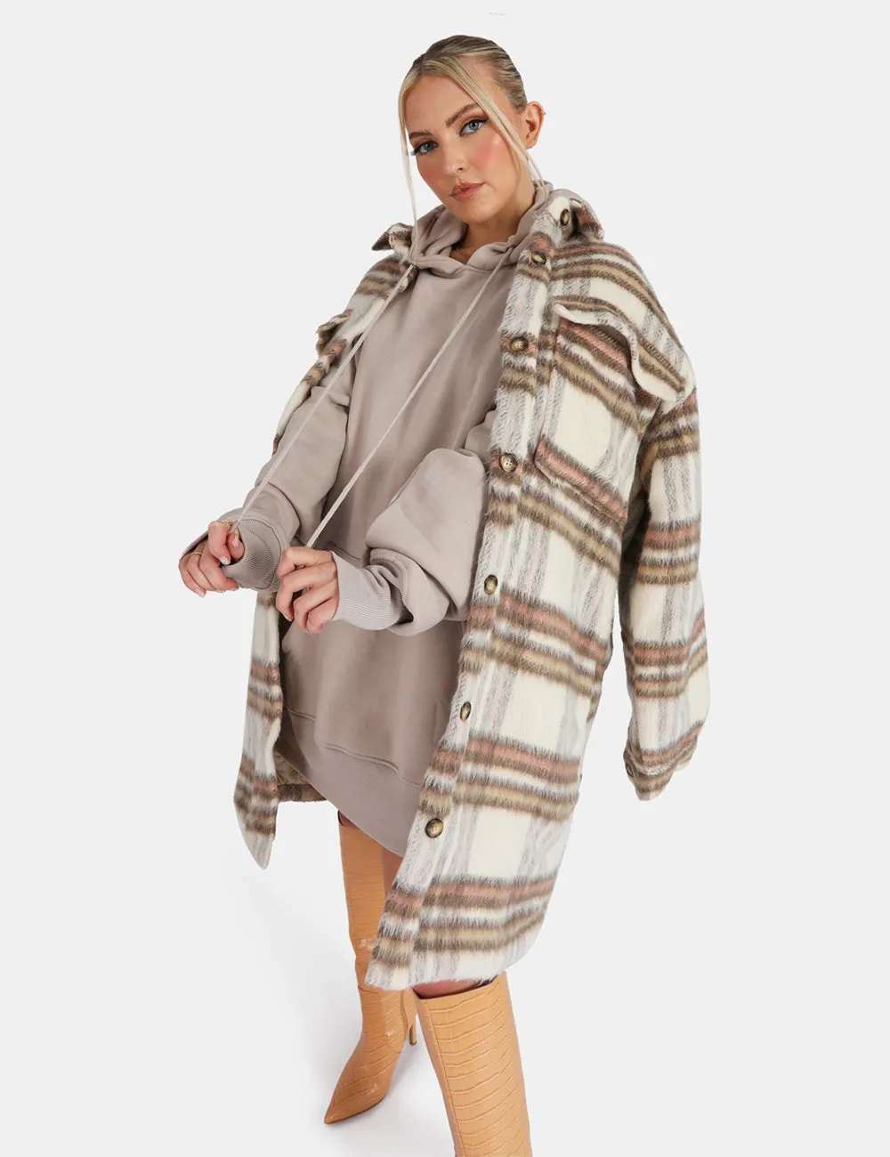 Longline Soft Touch Check Shacket Ecru sold by Public Desire product image thumbnail 5