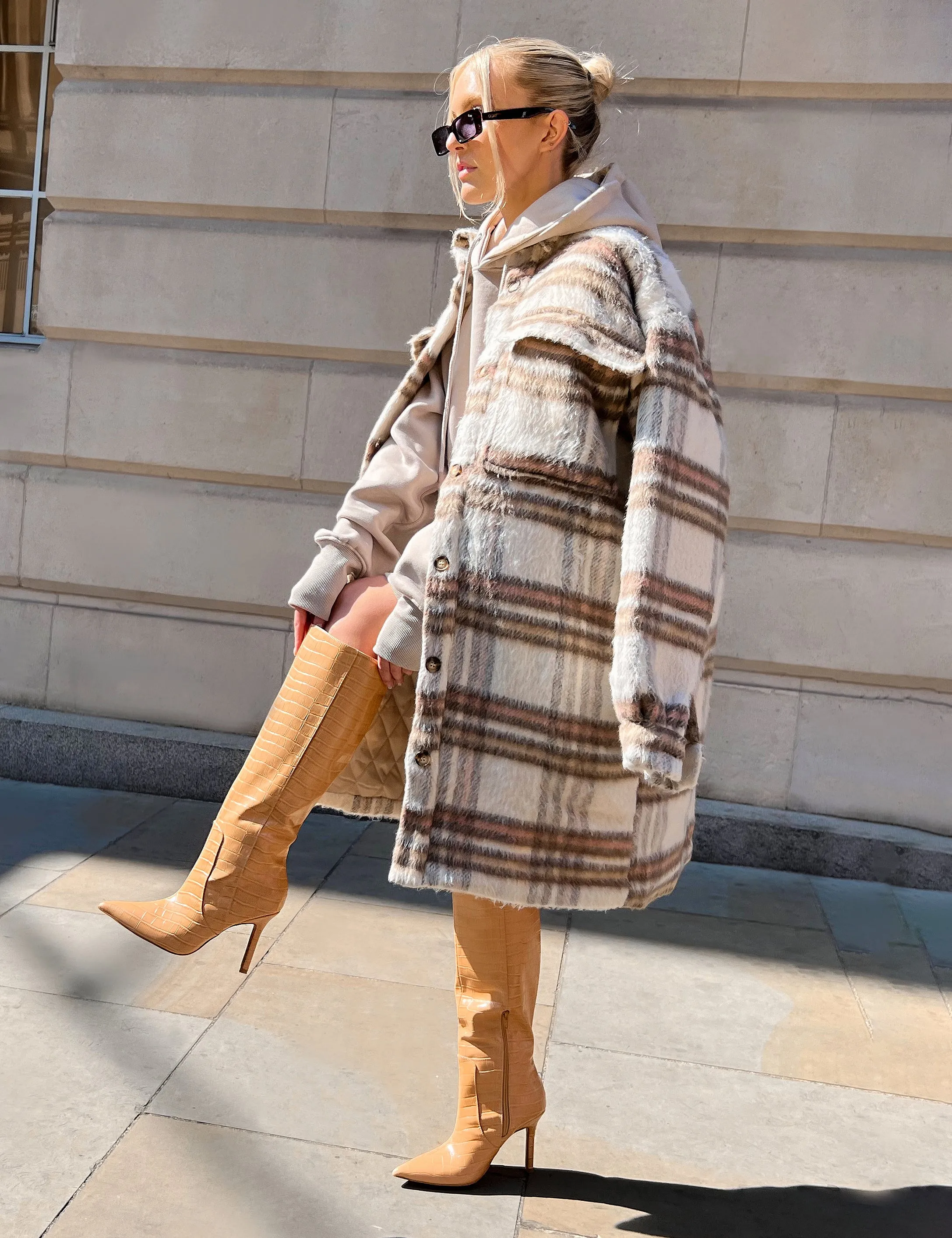 Longline Soft Touch Check Shacket Ecru sold by Public Desire