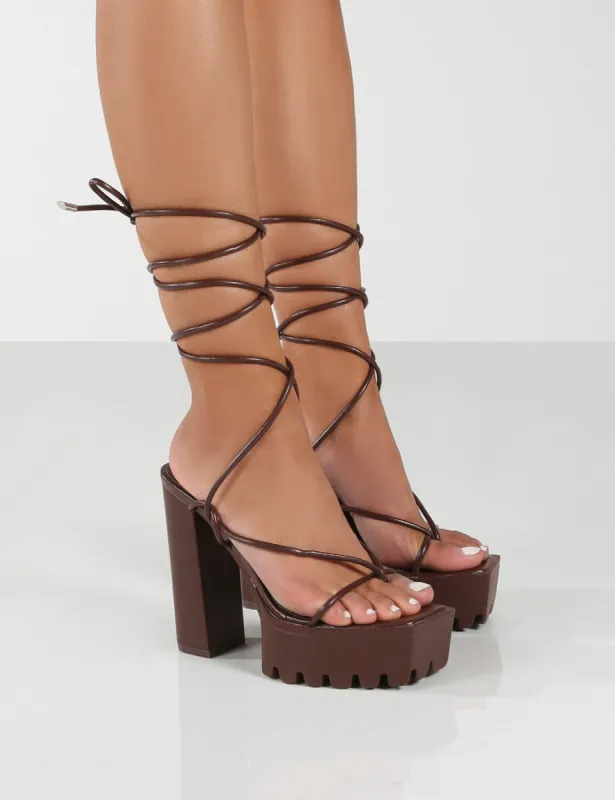 Certified Choc Chunky Platform Lace Up Heels sold by Public Desire