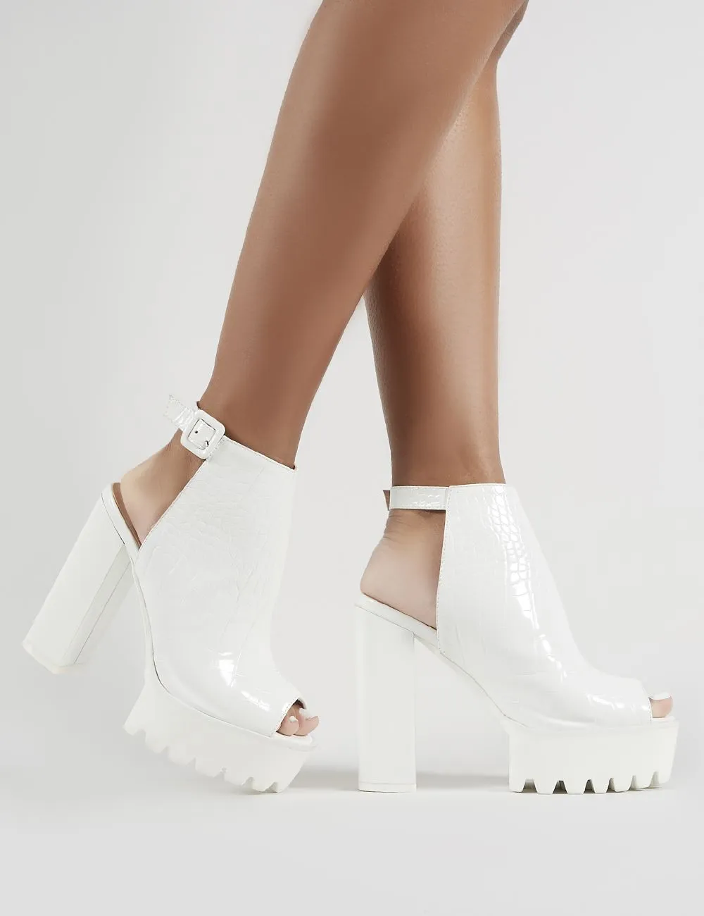 Jada Cleated Platform Block Heels in White Croc sold by Public Desire