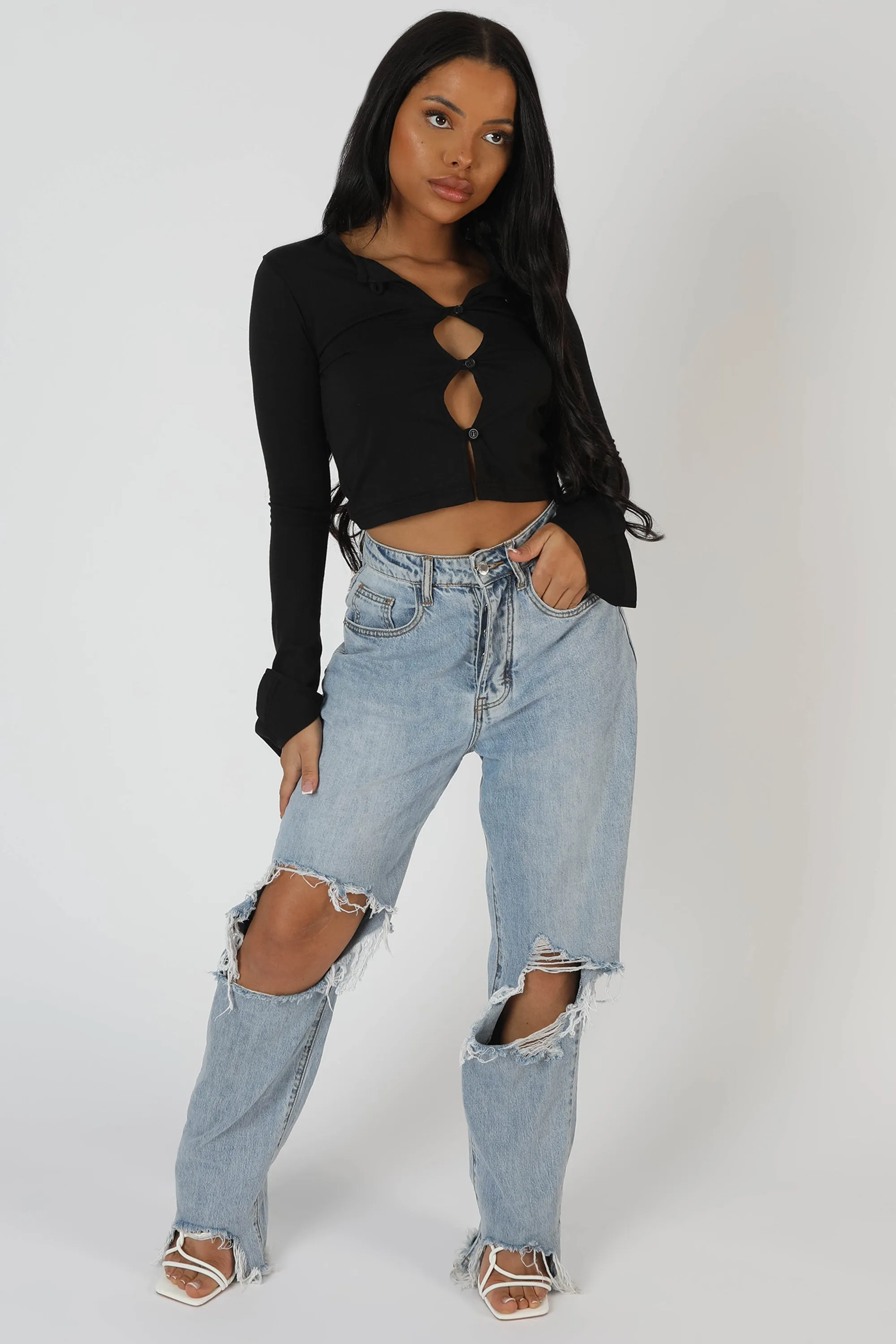 Long Sleeve Button Detail Crop Top Black sold by Public Desire