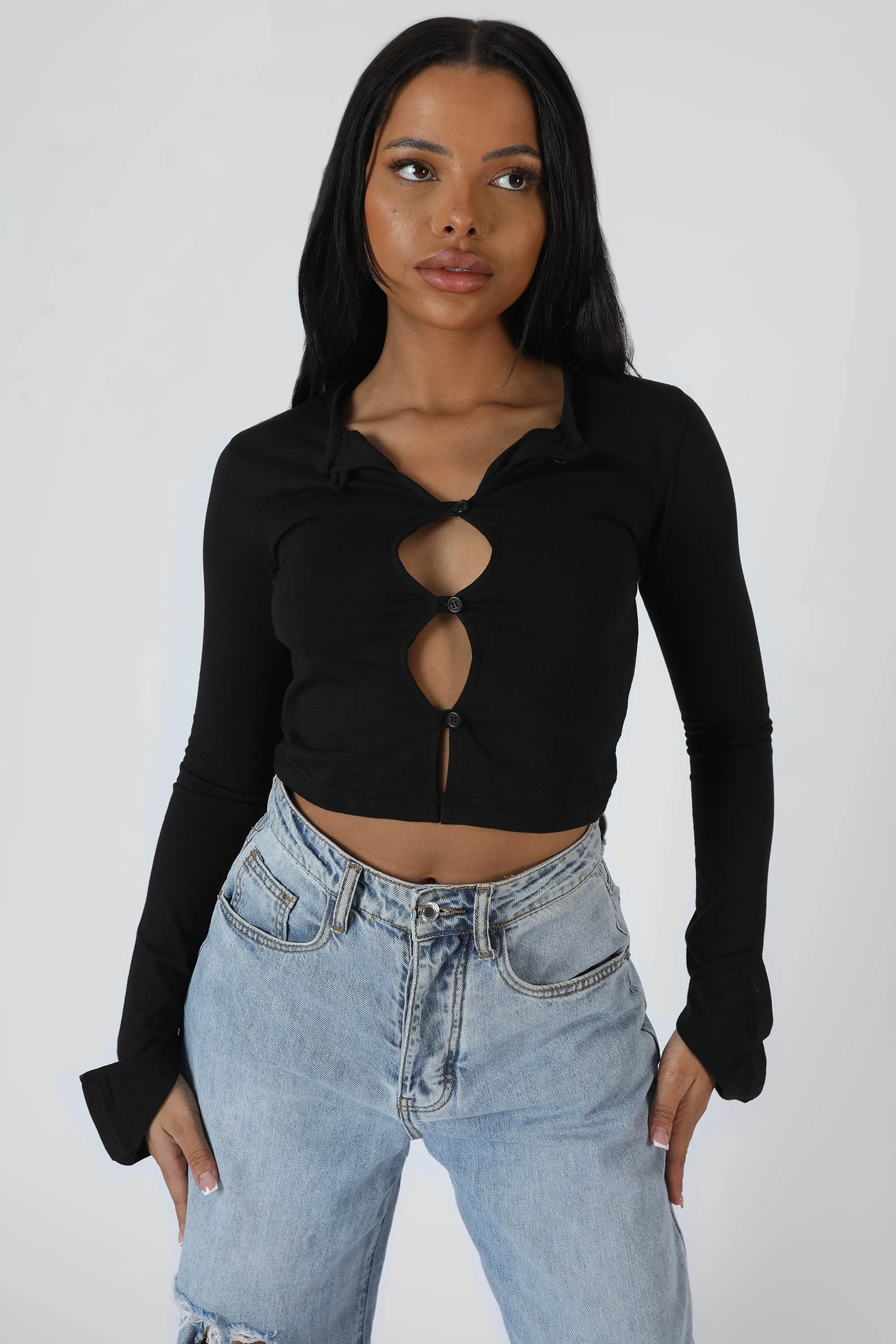 Long Sleeve Button Detail Crop Top Black sold by Public Desire product image thumbnail 2