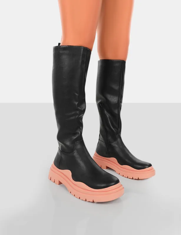 On Point Pink Black PU Chunky Sole Knee High Boots sold by Public Desire