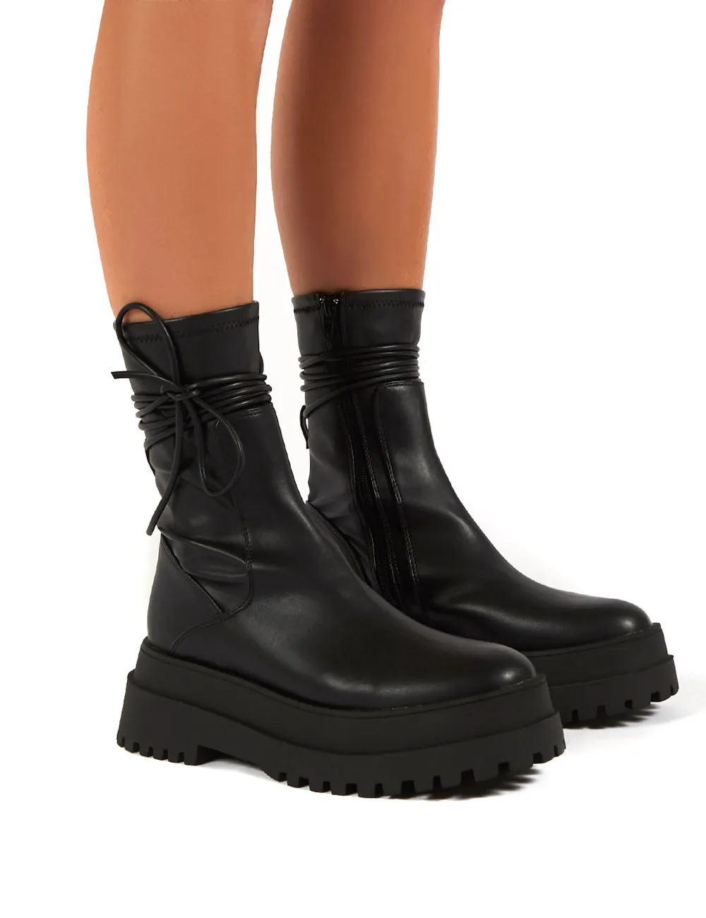 Finale Black Wide Fit Chunky Sole Ankle Wrap Boots sold by Public Desire