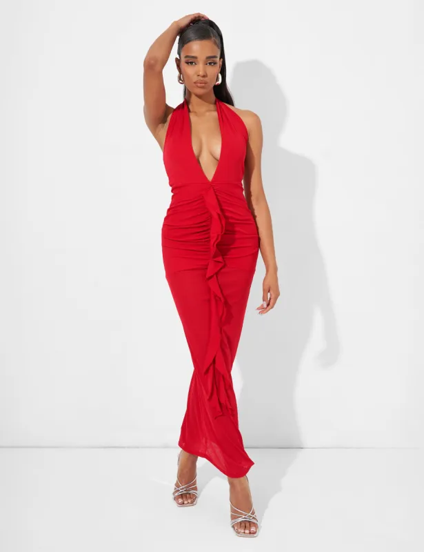 Deep Plunge Maxi Dress In Red sold by Public Desire