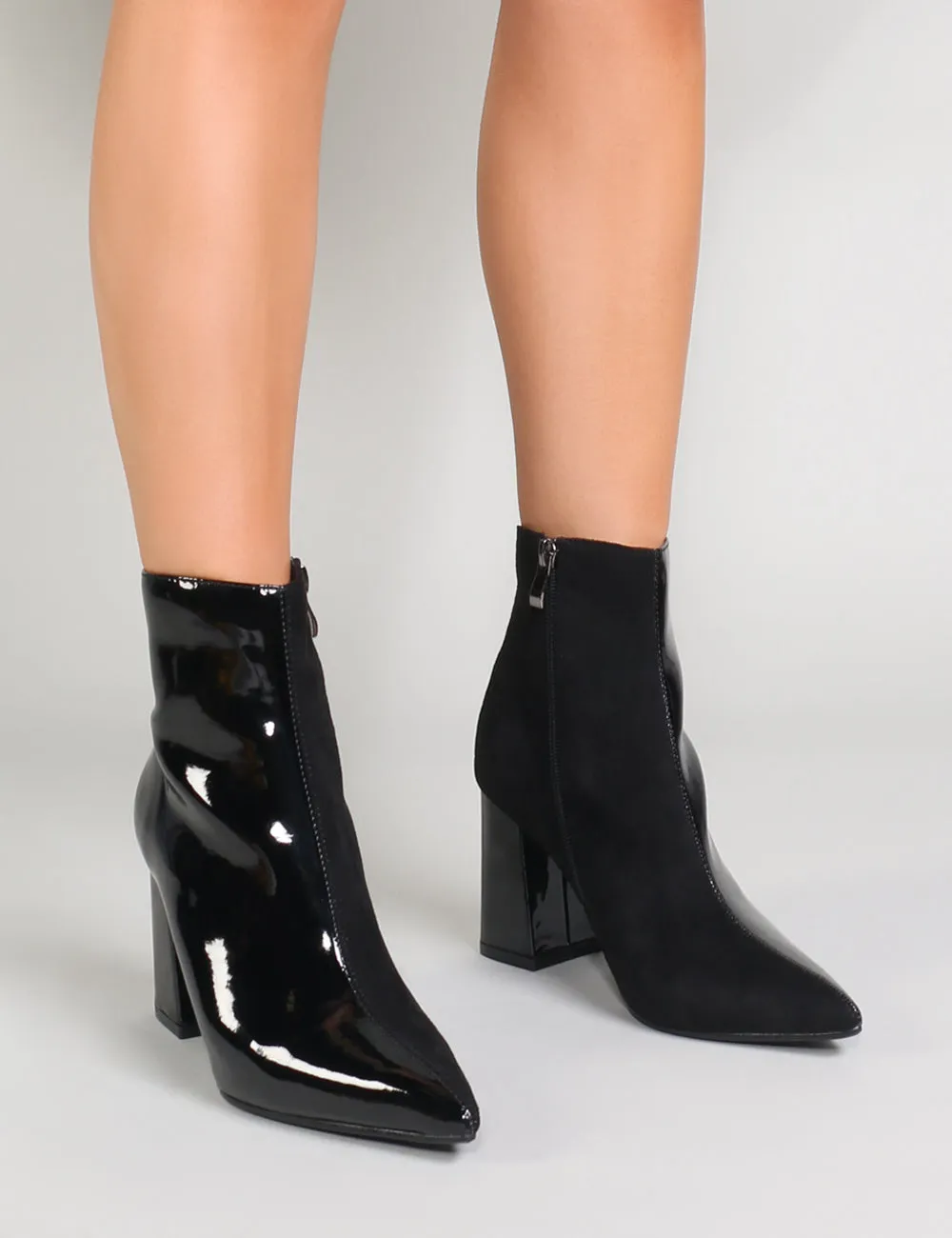 Chaos Contrast Pointed Toe Ankle Boots in Black Patent and Faux Suede sold by Public Desire