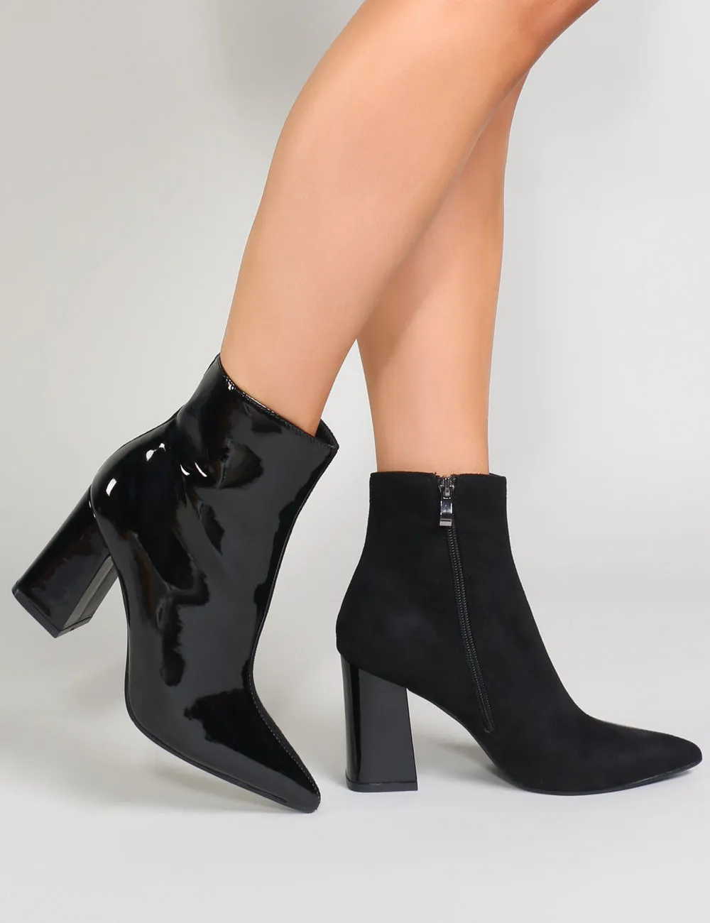 Chaos Contrast Pointed Toe Ankle Boots in Black Patent and Faux Suede sold by Public Desire product image thumbnail 2