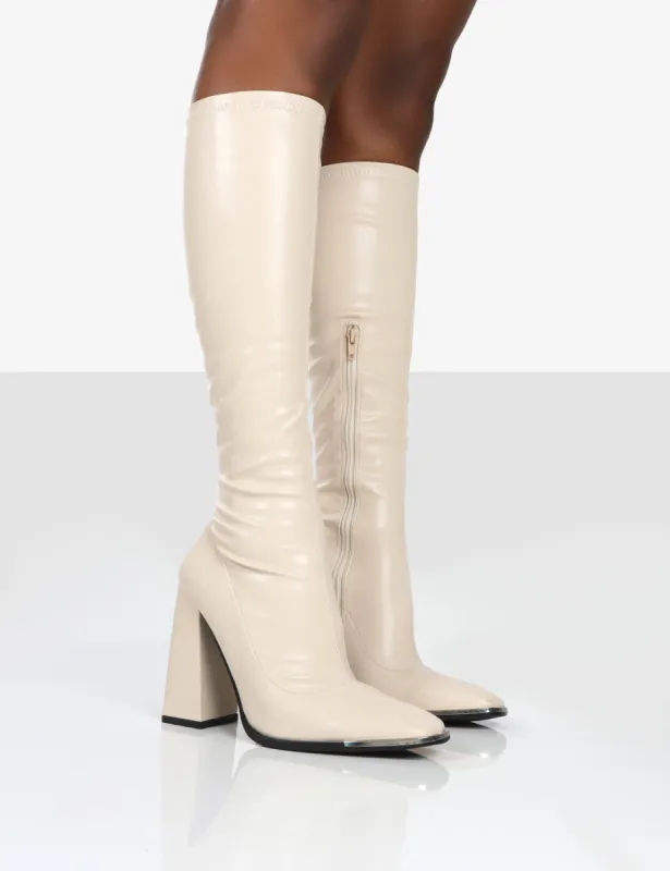 Caryn Stone PU Knee High Block Heeled Boots sold by Public Desire