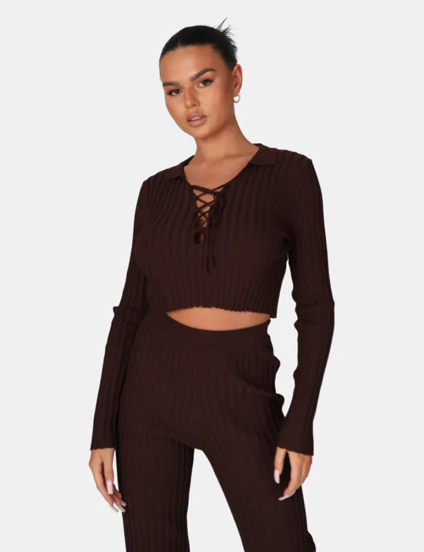 Lace Up Ribbed Crop Top Chocolate sold by Public Desire