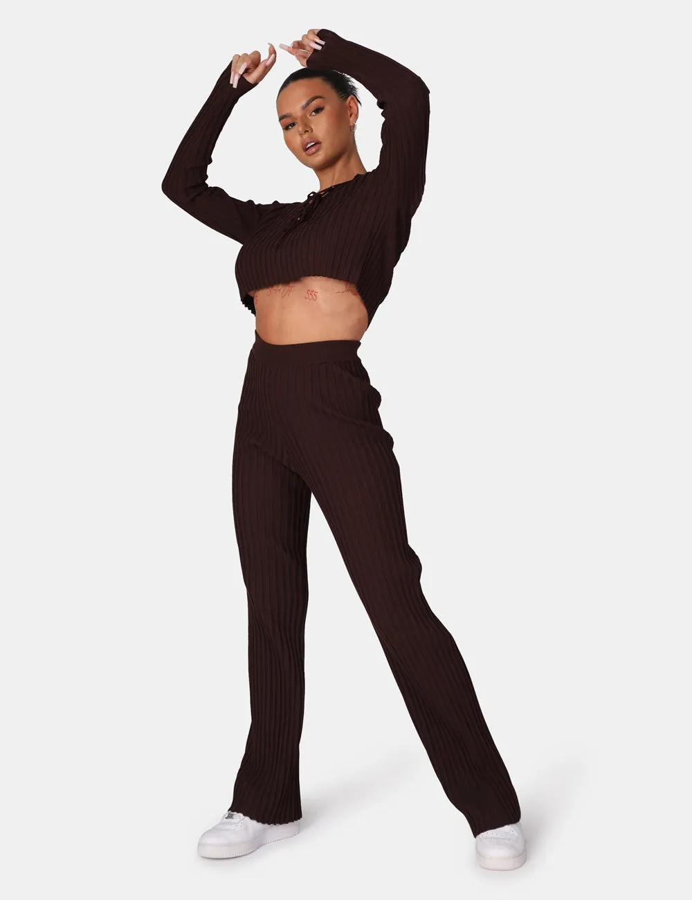 Lace Up Ribbed Crop Top Chocolate sold by Public Desire product image thumbnail 4