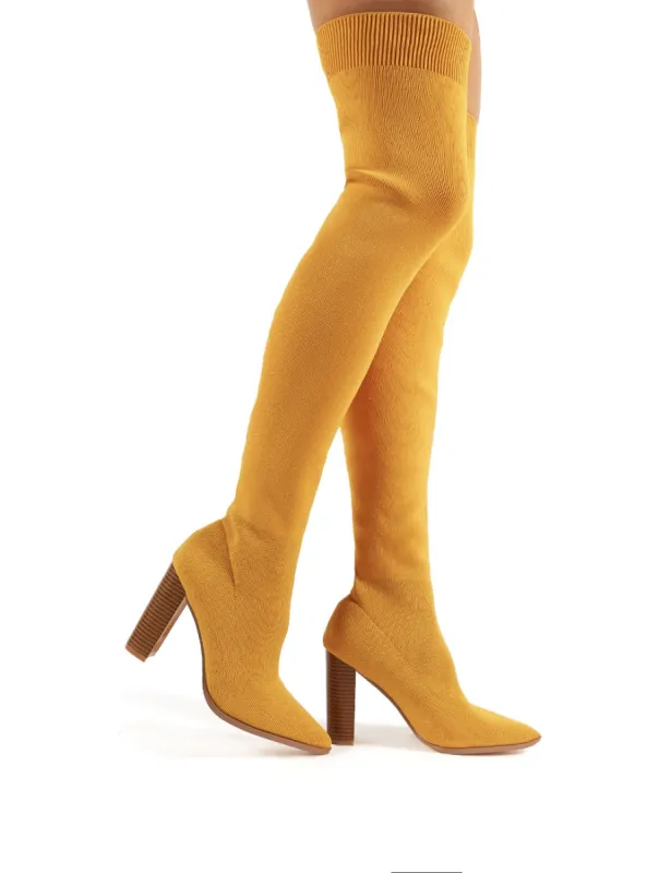 Romee Mustard Knitted Block Heeled Over the Knee Boots made by Public Desire