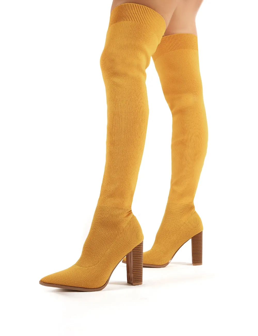 Romee Mustard Knitted Block Heeled Over the Knee Boots sold by Public Desire product image thumbnail 2