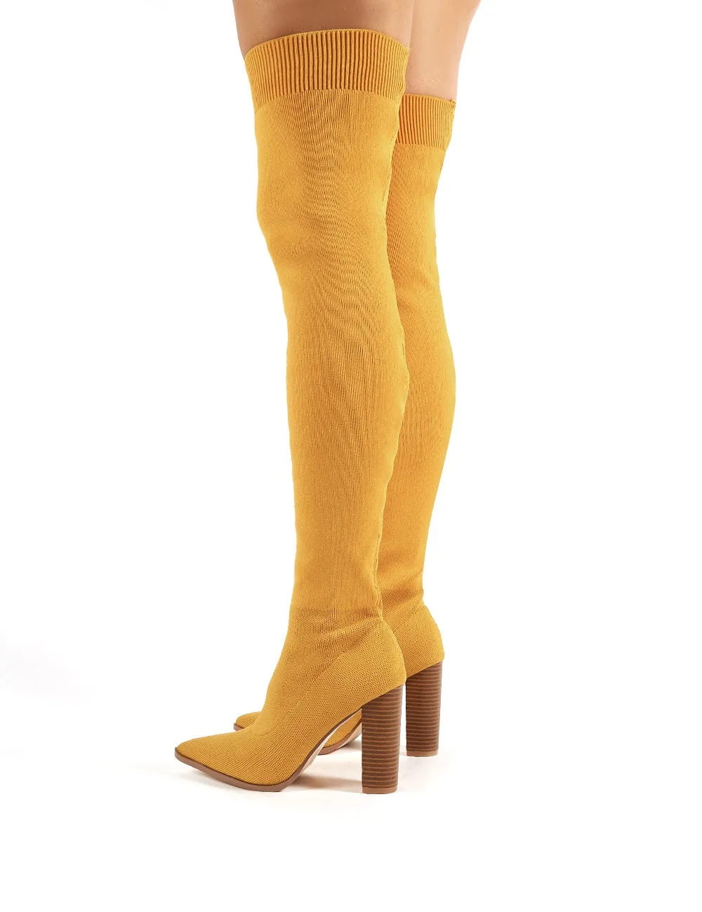 Romee Mustard Knitted Block Heeled Over the Knee Boots sold by Public Desire product image thumbnail 3