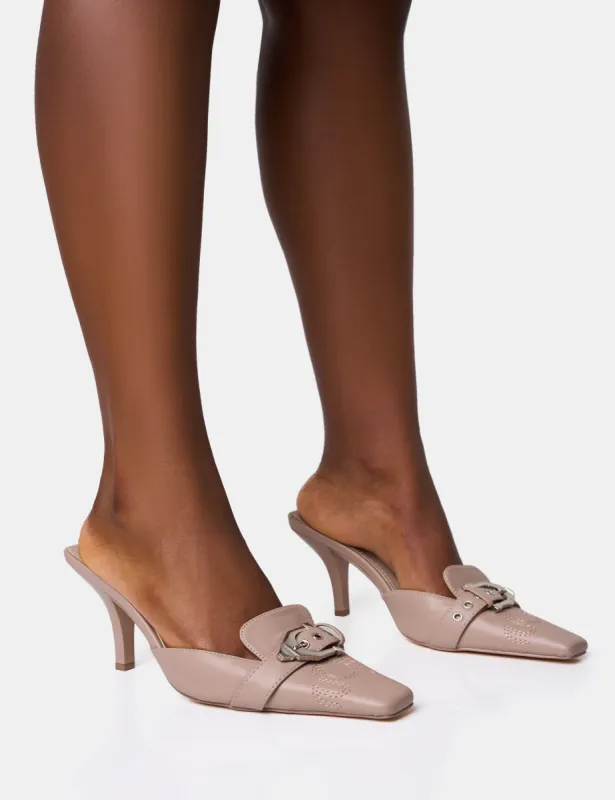 Macchiato Taupe Western Buckle Detail Mid Heel Mules sold by Public Desire