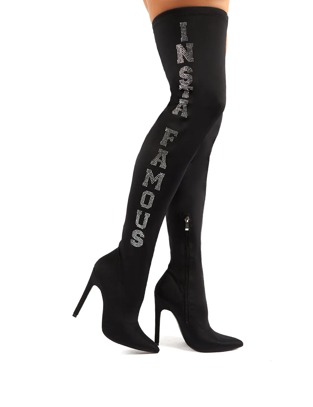 Authority Black Diamante Slogan Heeled Over the Knee Boots sold by Public Desire