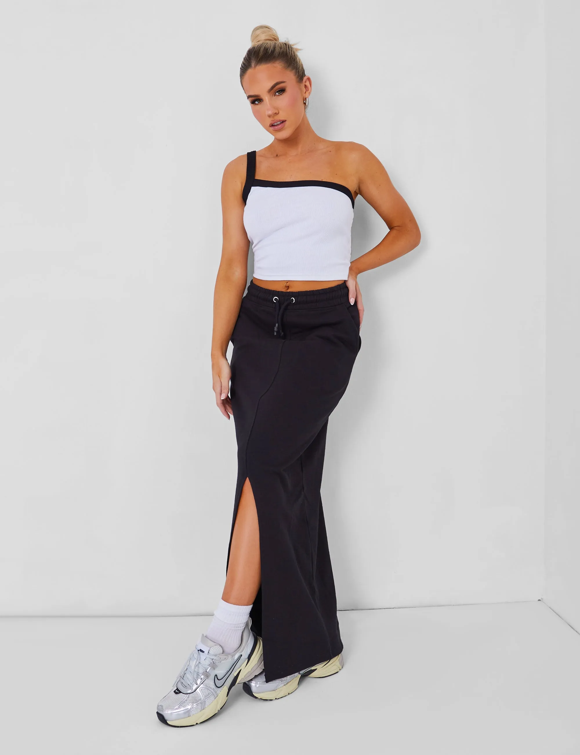Kaiia Split Front Sweat Maxi Skirt in Black sold by Public Desire