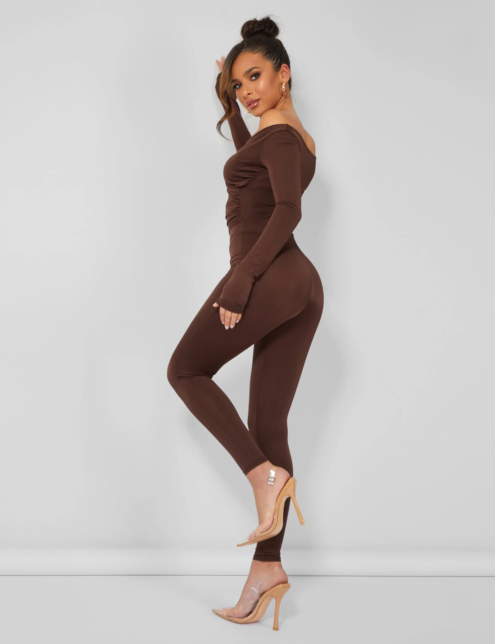 Off Shoulder Ruched Long Sleeve Jumpsuit Brown sold by Public Desire product image thumbnail 3