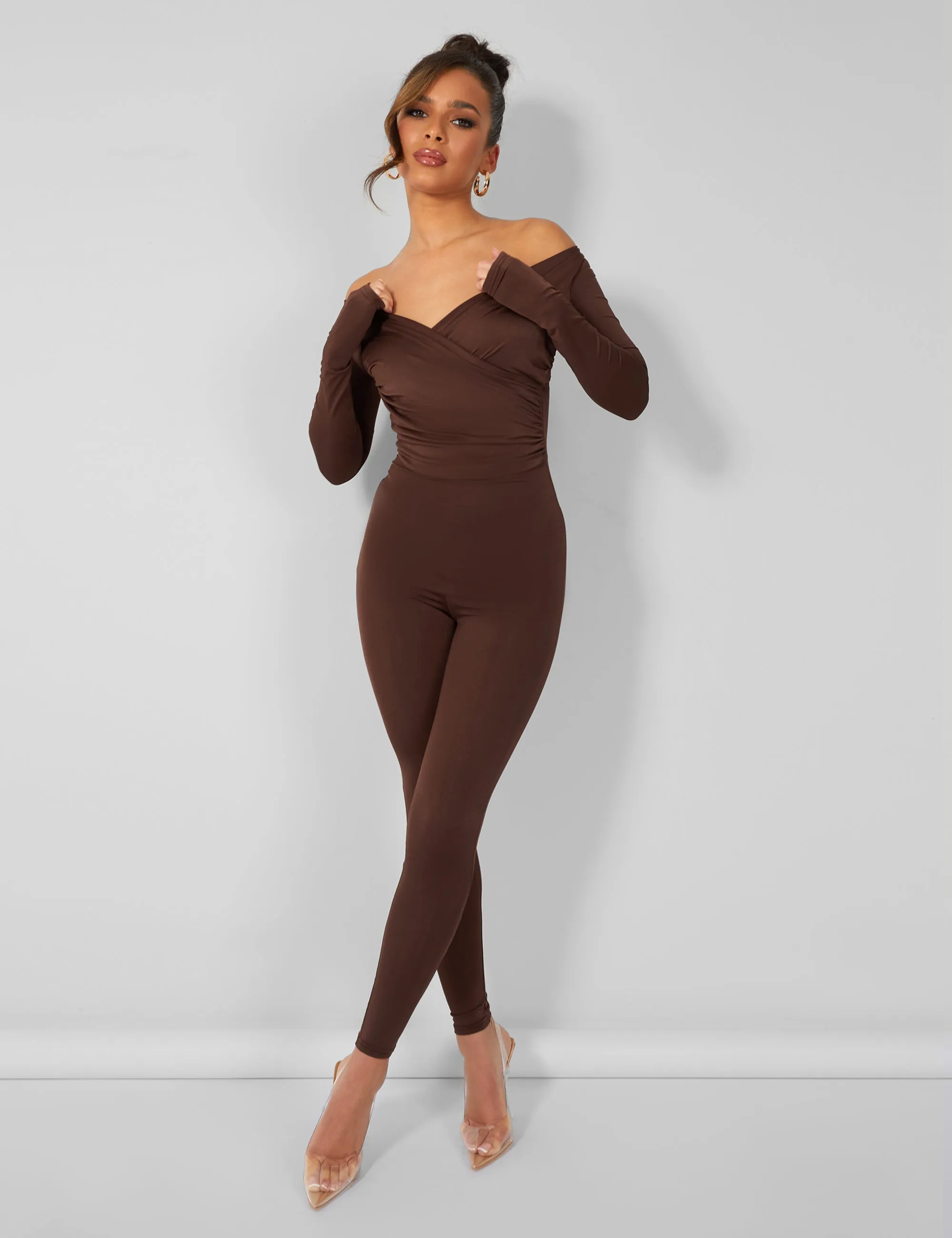 Off Shoulder Ruched Long Sleeve Jumpsuit Brown sold by Public Desire product image thumbnail 5