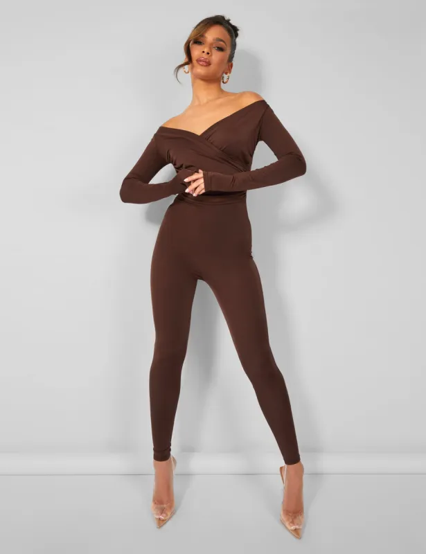 Off Shoulder Ruched Long Sleeve Jumpsuit Brown sold by Public Desire