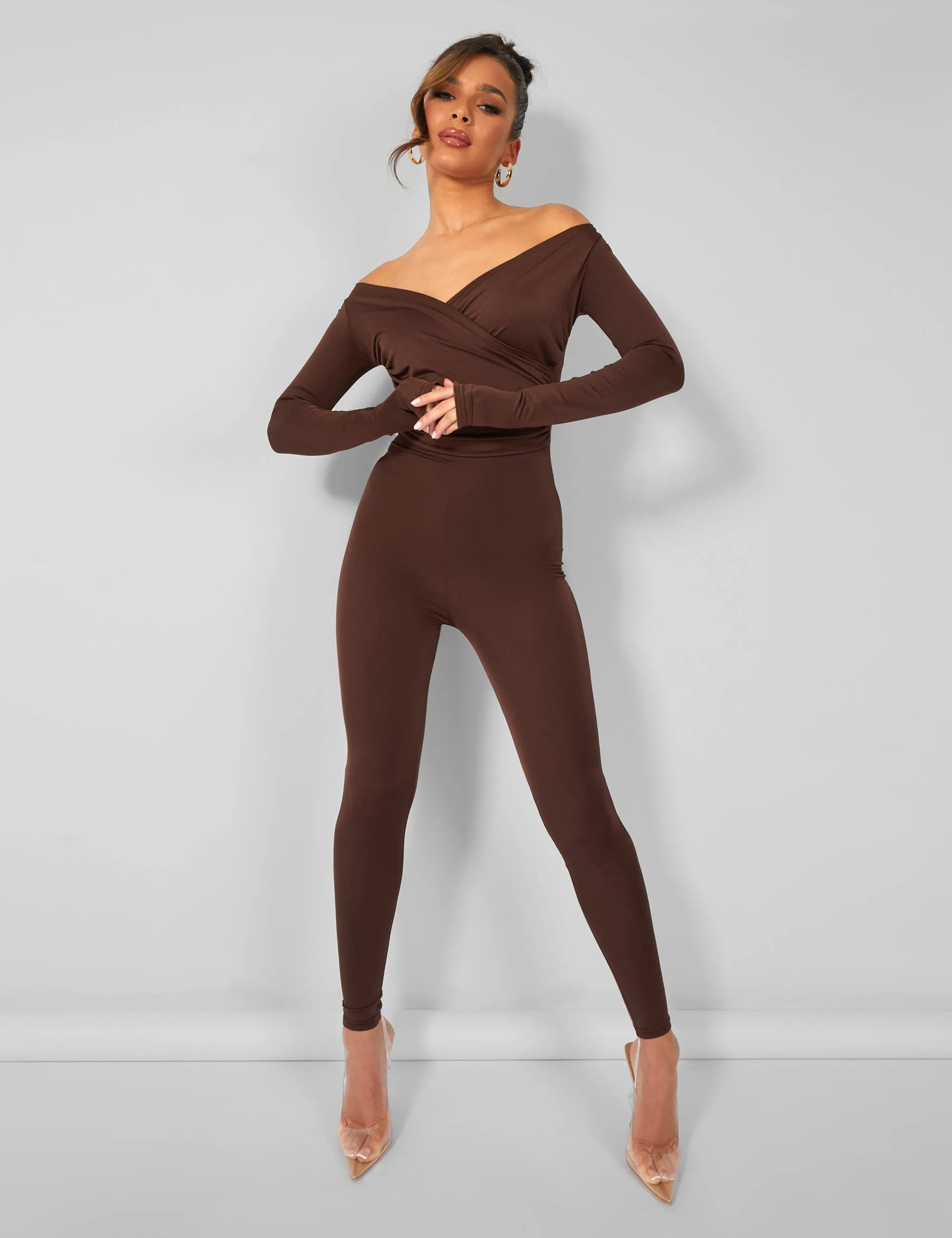 Off Shoulder Ruched Long Sleeve Jumpsuit Brown sold by Public Desire