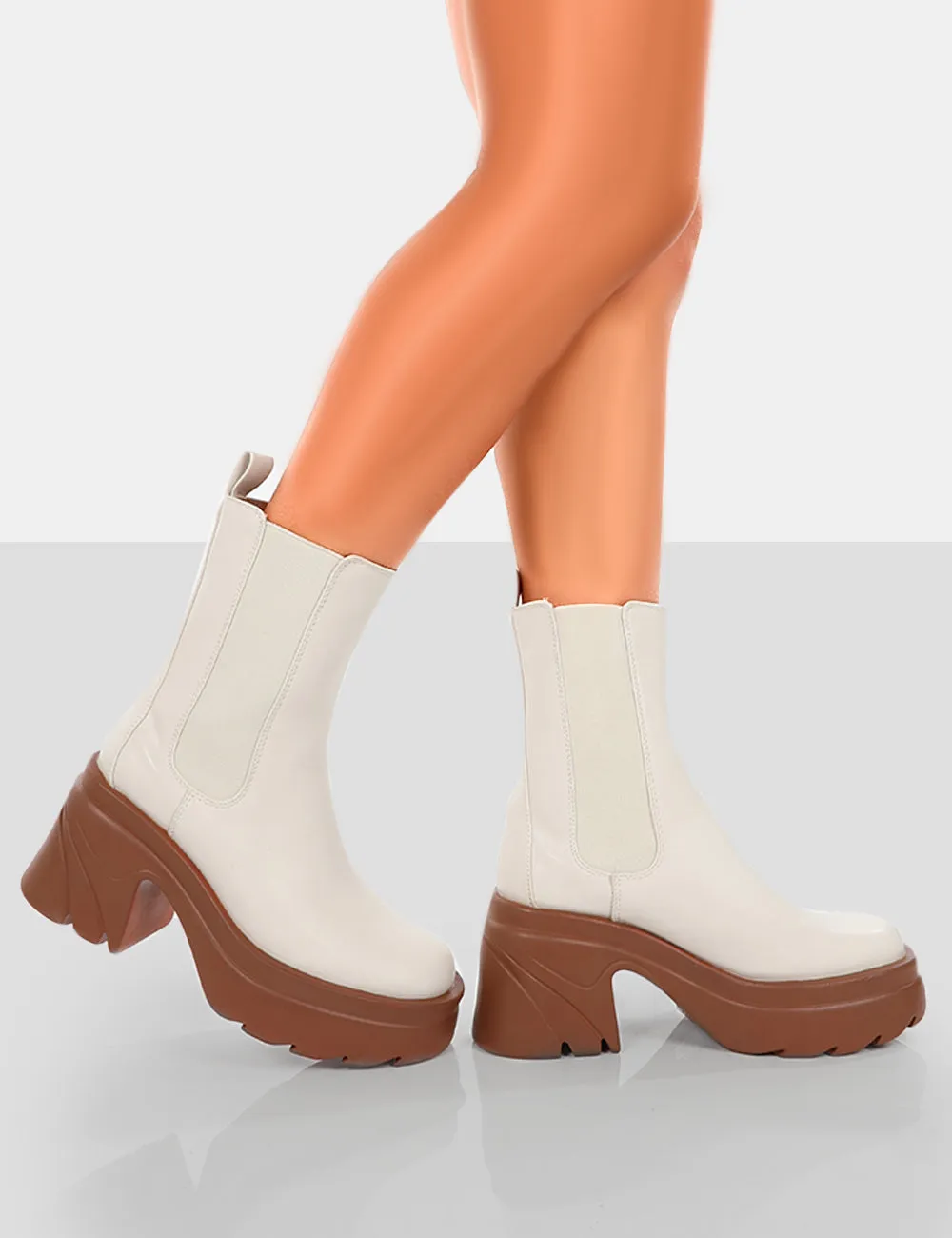 Step Up Ecru Brown PU Platform Chunky Sole Heeled Ankle Boots sold by Public Desire product image thumbnail 4