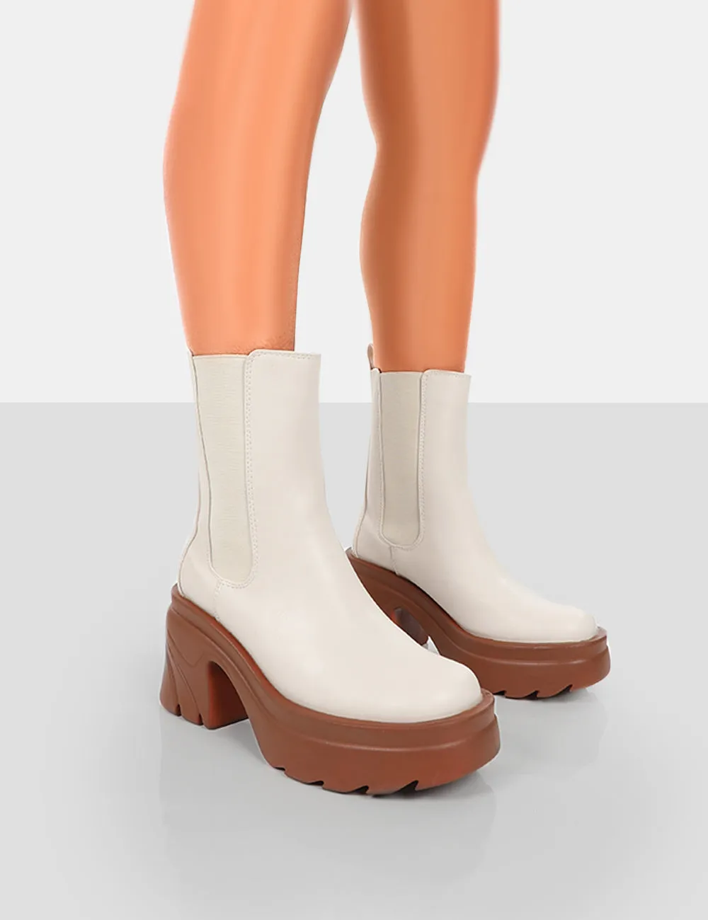 Step Up Ecru Brown PU Platform Chunky Sole Heeled Ankle Boots sold by Public Desire